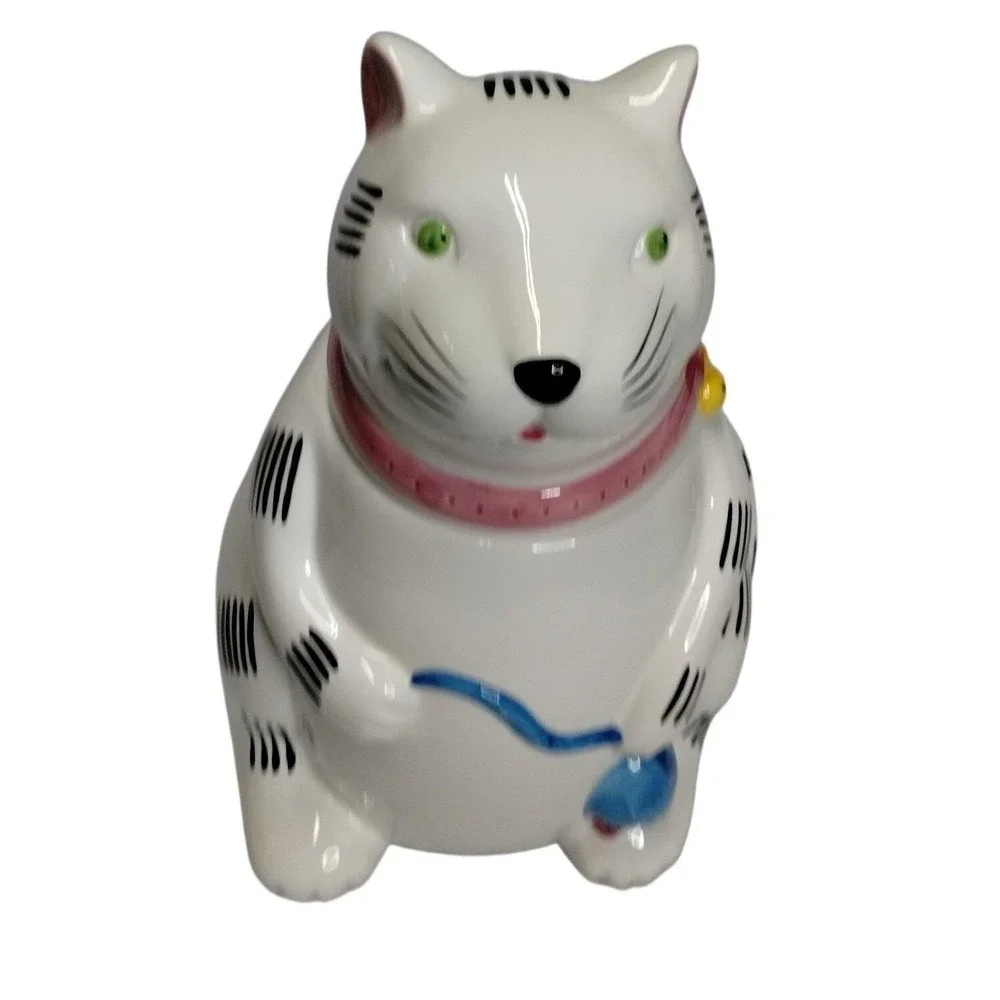 Vintage Ceramic Cat Cookie Jar‎ Taiwan White Cat w Mouse Yarn 1980s